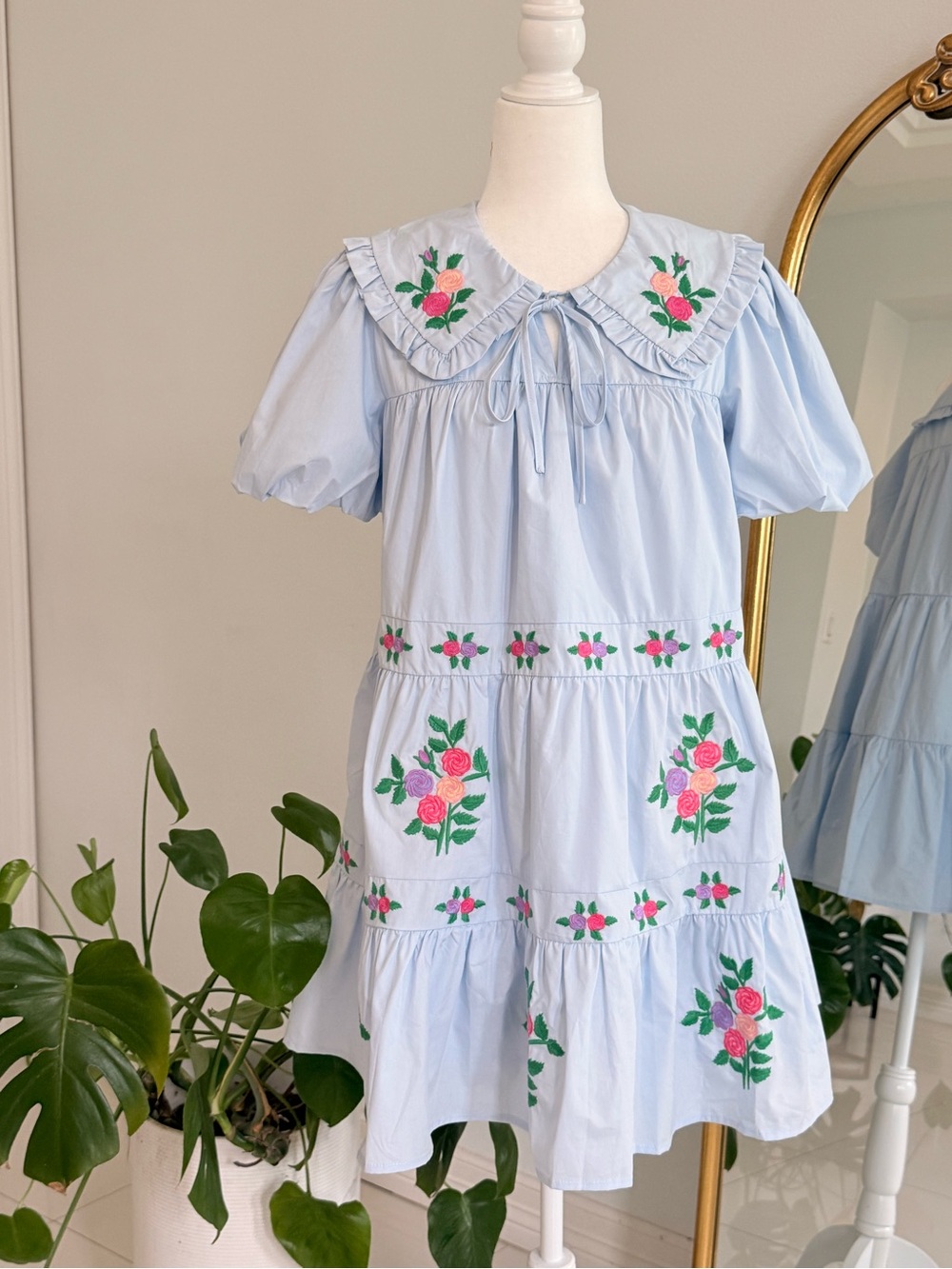 Light Blue Floral Embroidered  Dress with Peter Pan Collar